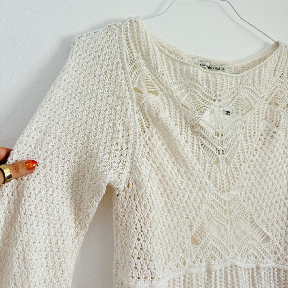 NEW ABERCROMBIE White Crochet Lace Cutout Long Sleeve Lace Mini Sweater Dress L - Picture 15 of 16